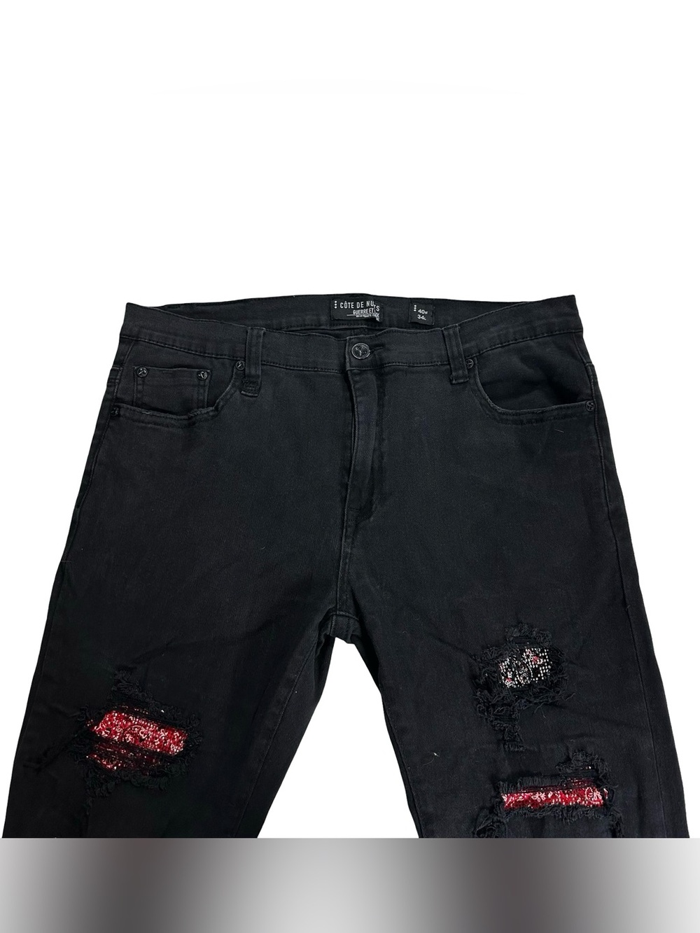 Cote De Nuits Guerre et Paix Sz 40x34 Jeans Black Distressed Red Sequin Straight